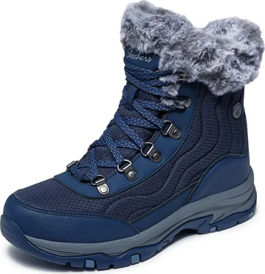 A single blue Skechers boot is shown against a white background.