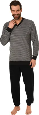 Produktbild von Lässiger Herren Frottee Pyjama langarm mit Bündchen in Ringel - Optik - 291 101 13 784 ; grau , 54