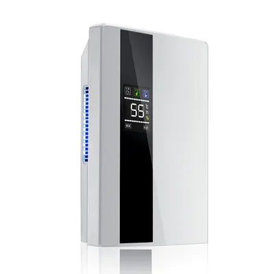A white dehumidifier with a black vertical stripe and a digital display showing '55'.