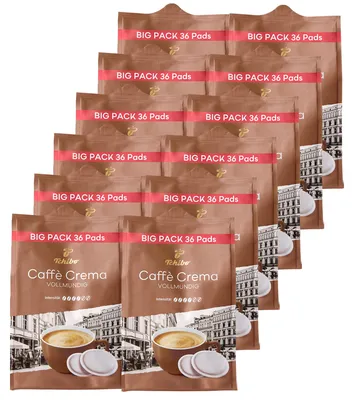 Produktbild von Tchibo Kaffeepads Maxipack, Caffè Crema vollmundig, 12x36 Pads Ausgewogen und vollmundiges Geschmacksprofil, aromafrisch, Intensität 4/6, geeignet für Senseo Maschinen