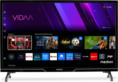 A smart TV screen displaying the VIDAA operating system with various app icons and recommended content.