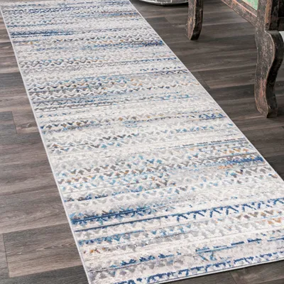 Obrázok produktu pre Koberec 80 x 300 cm, sivý, modrý, moderný. Vhodný do predsiene, vstupnej haly, spálne, kuchyne, chodby. Abstraktný vzor. Model: G494B WHITE/D_BLUE