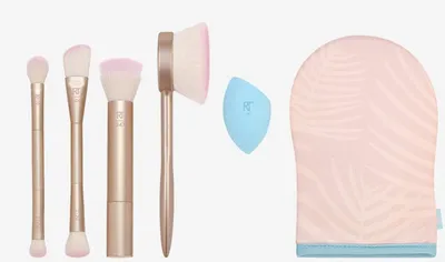 Image de Real Techniques Set de pinceaux pour le visage Brillance d'été : 4 pièces + éponge de maquillage & gant autobronzant