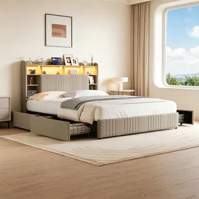 Image de INONEFT, lit capitonné avec sommier à lattes, dimensions 160x200, avec éclairage LED et ports USB/C. Lit double avec structure et 4 tiroirs, tête de lit avec compartiment ouvert. Lit pour adolescents, couleur beige, tissu lin
