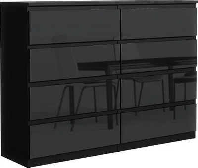 Zdjęcie produktu dla Komoda MebLocker z 8 szufladami 140 cm Idealna do salonu, sypialni, pokoju dziecięcego, młodzieżowego i biura Nowoczesne, eleganckie rozwiązanie do stylowego przechowywania i organizacji (czarny połysk)