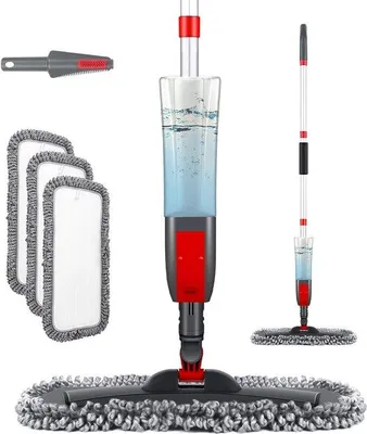 Produktbild von Famanu Wischmopp mit Sprühfunktion - Wasserreservoir 450 ml - 3 waschbare Mikrofasertücher - rot
