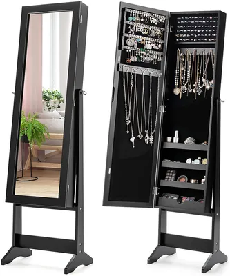Produktbild von GOPLUS Schmuckschrank mit Spiegel, 2 in 1 Schmuckregal & Ankleidespiegel, Spiegelschrank mit Stauraum & Magnetschloss, Schwarz