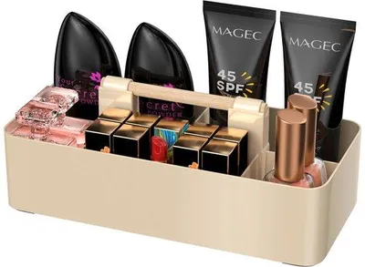 Productafbeelding van Unyqoos® Kosmetische organizer, wit – Opbergbox 32,1 x 15,2 x 8 cm, 5 compartimenten, hoogwaardig kunststof, met handvat voor make-up en verzorgingsproducten