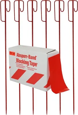 Produktbild von Absperrband rot/weiß 250m inkl.6 x Absperrleinenhalter rot als Absperrset