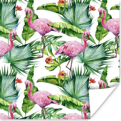 Produktbild von MuchoWow® Poster Blätter - Flamingo - Blumen - Dschungel 50x50 cm - Wohnzimmerdekoration