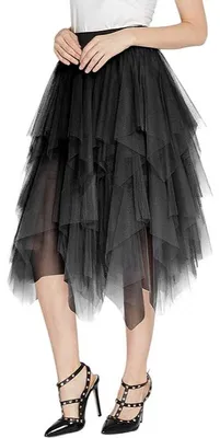 Produktbild von Damen-Tüllrock Midi Netz Boho Eleganter Lagenrock Schwarz XL