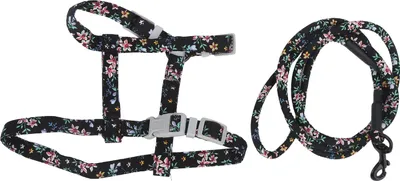 Produktbild von JapaneseStyle Katzengeschirr, verstellbares Leine-Set, Brust- und Rückentraktion, Gehseil (schwarze Blume, S)