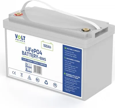 A product shot of a gray battery with a white label and a white carrying strap.