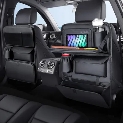 Immagine prodotto di Organizzatore per sedili auto in Pelle sintetica, protezione per schienale, ideale per bambini, impermeabile, con supporto per tablet e vassoio pieghevole, set da 2, dimensioni 42x60 cm