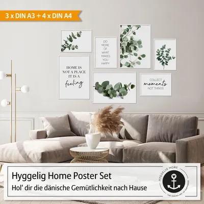 Produktbild von Hyggelig Home Premium Poster Set - 7 passende Bilder OHNE RAHMEN  im stilvollen Set - 3 x DIN A3 + 4 x DIN A4 - Set Eukalyptus, Option:mit Rahmenset weiß
