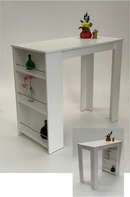 A white bar table with shelves on the side, decorated with a vase of flowers and a small bear figurine.