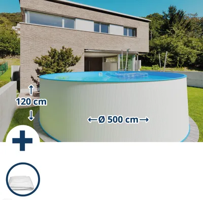 Produktbild von Stahlwandpool Set (2-teilig) rund 500 x 120 cm, Stahl 0,4 mm weiß Folie 0,4 mm blau