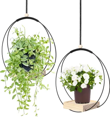Produktbild von 2Stk Hängendes Blumentopf Regal mit Innen-Hängenden Blumentöpfen, Balkon-Dekoration, Pflanzen, Wohnzimmer, Holz-Regal, Blumenampel(schwarz*rund)