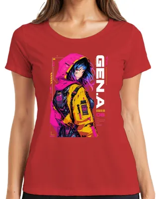 Productafbeelding van T-shirt voor dames, met print van een cyberpunk-meisje met een futuristisch, cybernetisch thema, in Japanse stijl, geïnspireerd op de Y2K-tijdperk, in de kleur rood, maat 3XL