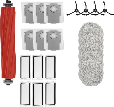 A collection of cleaning accessories for a robot vacuum cleaner, including a roller brush, dust bags, mop pads, and side brushes, arranged on a white background.