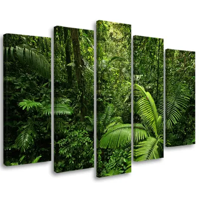 Produktbild von 5-teiliges leinwandbild wald mit grünen blättern 100x70 cm Feeby grün wandbild bereit zum aufhängen