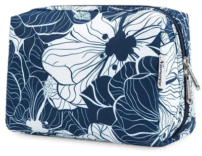 Immagine prodotto di Borsa da toilette da donna, grande, blu, con motivo di fiori di loto, idrorepellente, dimensioni 22 x 15 x 10 cm
