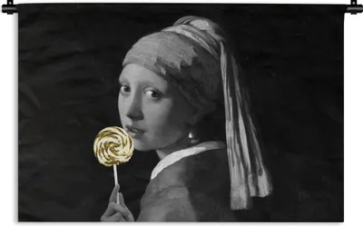Produktbild von MuchoWow® Wandteppich Wandbehang Mädchen mit Perlenohrring - Johannes Vermeer - Schwarz und weiß 150x100 cm Tapisserie Dekoration Wandtuch - Waschbar - Tapisserien - Wand-Decke