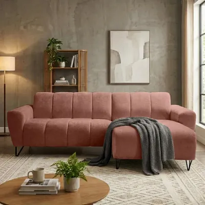 Produktbild von Ecksofa VOLARE MINI L-Form, Ottomane rechts, Chenille Storm in Kupferrot, Sofa ohne Schlaffunktion, dekorative schwarze Metallbeine