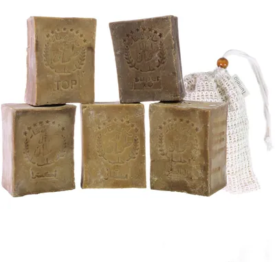 Produktbild von TUMELO Original Aleppo Seife Set 5 x 200g (1kg) 60-95% Olivenöl 5-40% Lorbeeröl + Sisal Seifensäckchen, handgemachte Olivenölseife Naturseife, Probierset