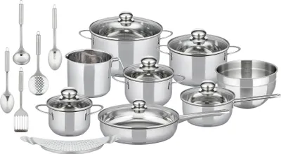 A collection of stainless steel cookware and kitchen utensils arranged on a white background.