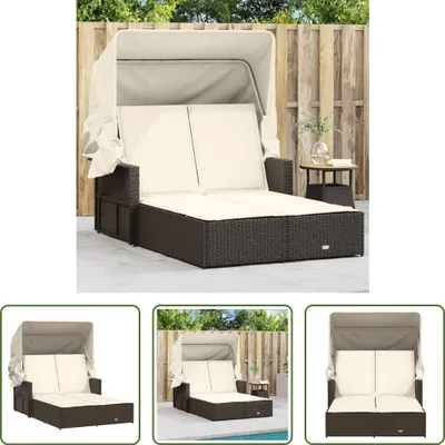 A collage of images showing a double sun lounger with a canopy and cushions, set in an outdoor environment.
