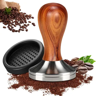 Kaffeestampfer 51 mm, Edelstahl, Holzgriff, inkl. Tampermatte