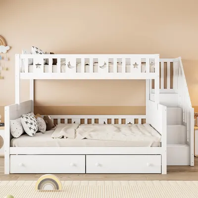 Produktbild von okwish Etagenbett 90*200/140*200cm, Kinderbett aus Massivholz, mit Sicherheitstreppe, zwei große Schubladen, Lattenrost, weiß