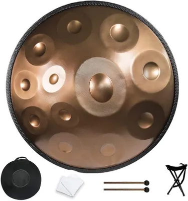 Produktbild von 12-tönige Stahl-Handtrommel, Handpan in D-Moll mit 432 Hz, Tasche, Stativ und Schlägeln