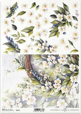 Produktbild von ITD Reispapier Decoupage Bastelpapier Serviettentechnik-R2373 Girlanden, weiße Blumen