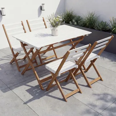Image de Ensemble HWC-P72, ensemble de mobilier de jardin, ensemble de salle à manger 4 chaises et table, bois d'acacia pliable ~ naturel-blanc