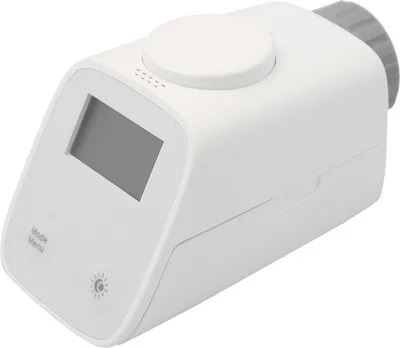 A white electronic thermostat head with a small screen and buttons, set against a white background.