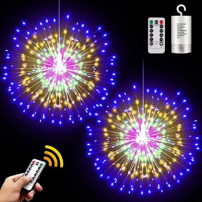 Produktbild von 2 Stück Feuerwerk Lichterkette Bunt, 200LEDs Weihnachtsbeleuchtung Dimmbar Fernbedienung, Batteriebetrieben 8 Modi