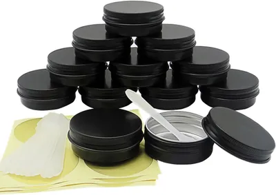 Imagen del producto de Latas de aluminio, 12 unidades, de 30 ml, redondas, con tapa de rosca negra, para cosméticos