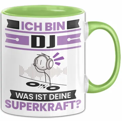Produktbild von DJ Tasse Geschenk für DJ Geburtstag Lustiger Spruch Kaffee-Becher Was Ist Deine Superkraft (Grün)