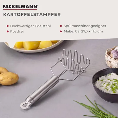 Produktbild von Fackelmann Kartoffelstampfer 27 cm PREMIUM, für feines Kartoffelpüree, Potato Masher, Stampfer für Püree oder Gemüse, doppelte Wirkung durch eingebaute Feder (Farbe: Silber)