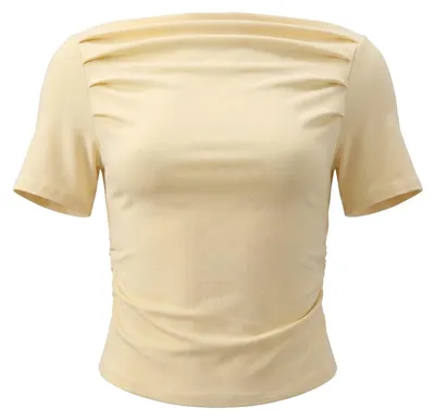 Produktbild von Gelbe Damen Bluse in Größe XS mit U-Boot-Ausschnitt und dezenten Raffungen