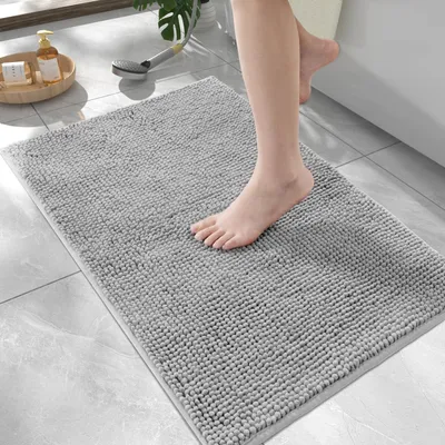 Image de Tapis de bain en chenille, 90 x 60 cm, antidérapant, très absorbant, lavable, adapté à la douche et à la baignoire, gris clair