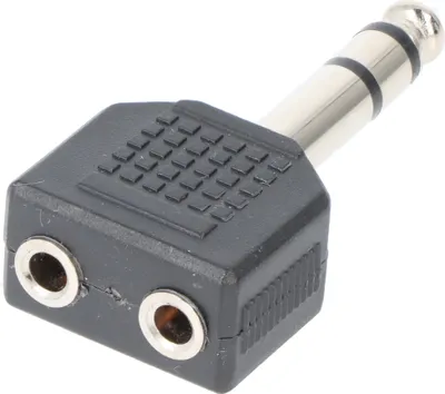 Zdjęcie produktu dla Adapter słuchawkowy Goobay, AUX jack 6,35 mm na 2x 3,5 mm - 1x wtyczka jack 6,35 mm (3-stykowa, stereo) > 2x złącze jack 3,5 mm (3-stykowe, stereo)