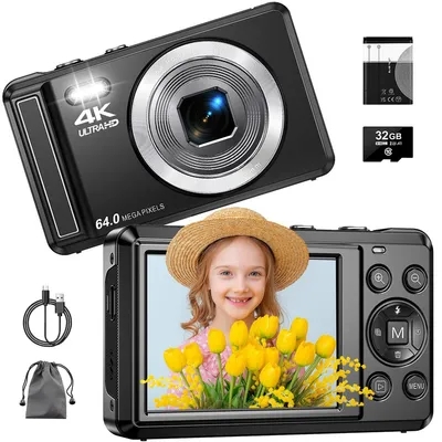 Produktbild von 4K Digitalkamera, 64 MP Autofokus Fotoapparat mit 16X Digitalzoom Tragbar Kompaktkamera mit wiederaufladbare1200mAh Batterie, USB-Kabel