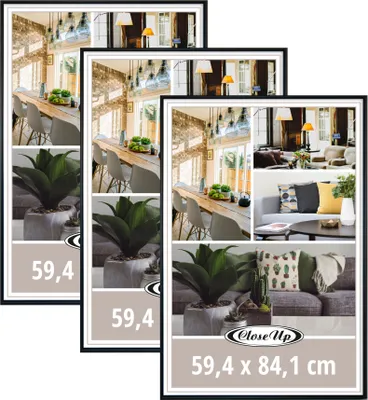 Three framed posters are displayed, each showing a collage of interior design scenes.