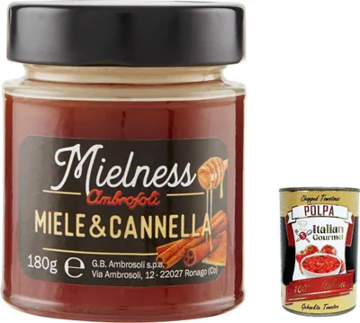 Produktbild von 6x Ambrosoli Mielnsess Miele e cannella, Blumenhonig mit Zimtextrakt, 180g + italian Gourmet polpa 400g