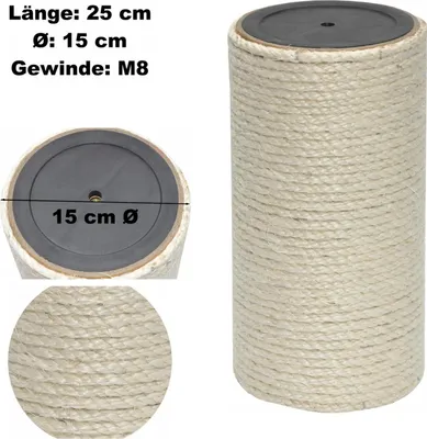 A scratching post cylinder wrapped in sisal rope, with close-up views and dimension labels.
