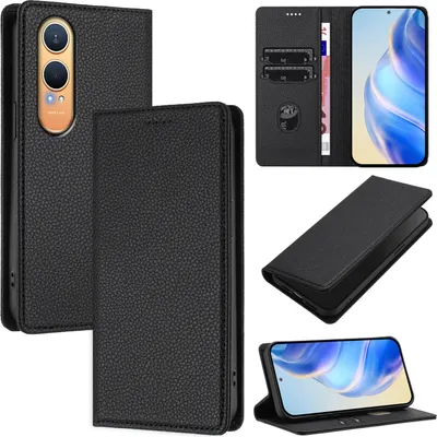 Produktbild von Litchi Leder Handyhülle für OnePlus Nord CE4 Lite Wallet Kartenfächer Standfunktion Hülle Schwarz