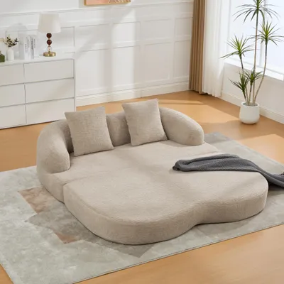 Produktbild von MODFU 2-in-1 Relaxsofa mit Zweisitzer-Sofa,Schnellsofa mit ausklappbares Doppelschlafsofa und zwei Kissen,Chenille-Bezug,Khaki